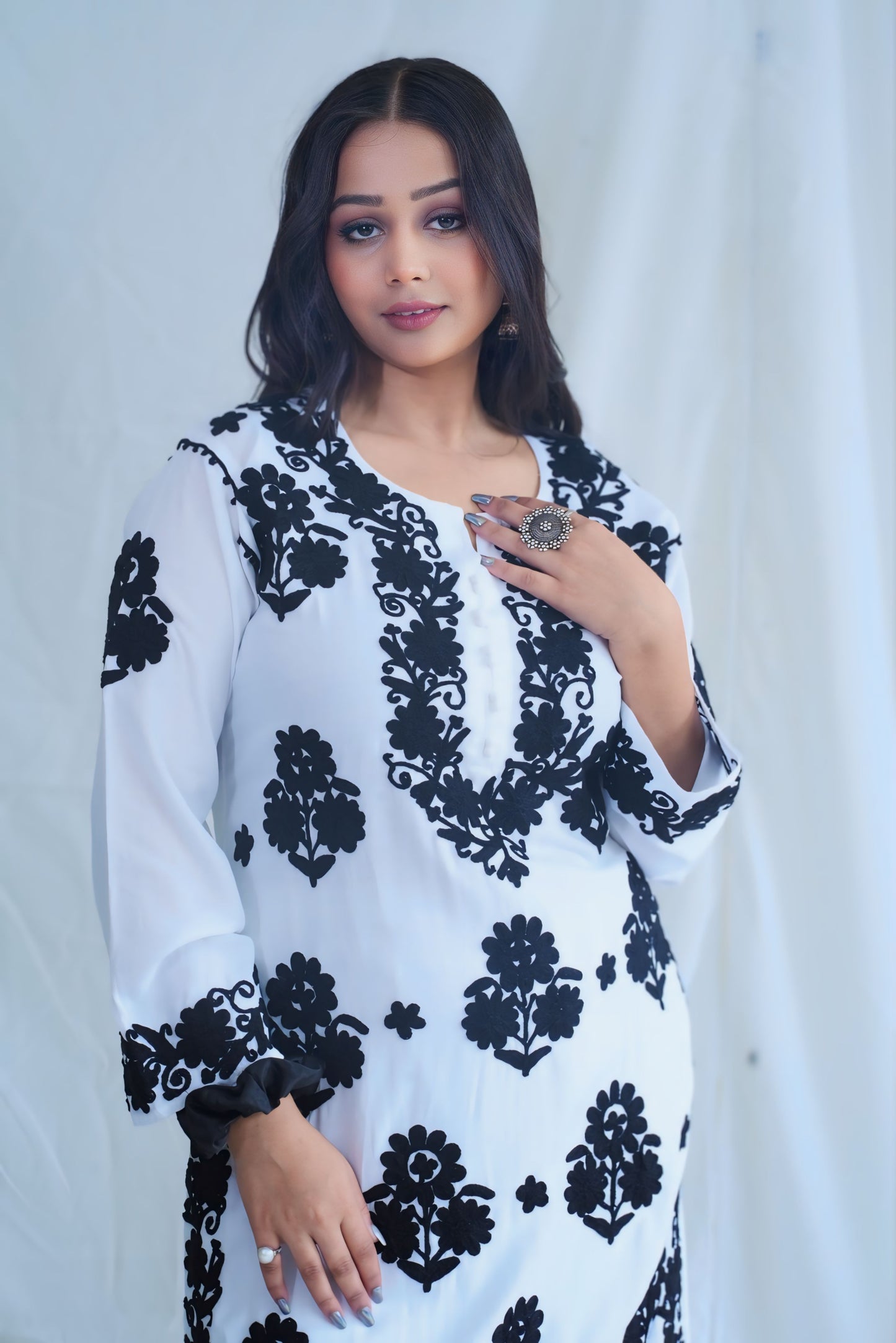 Ada White and Black Rayon Kurta Palazzo Set