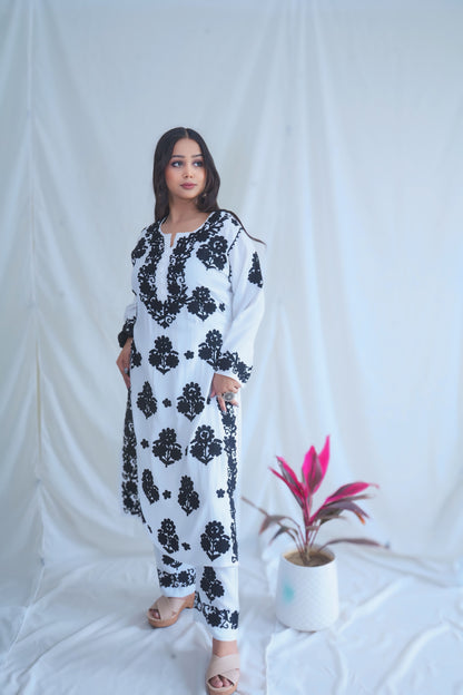 Ada White and Black Rayon Kurta Palazzo Set