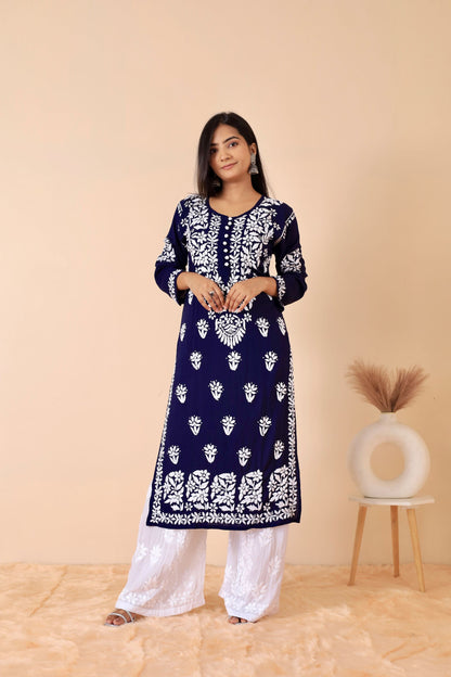 Mahira Modal Long Chikankari Kurti (Navy Blue)