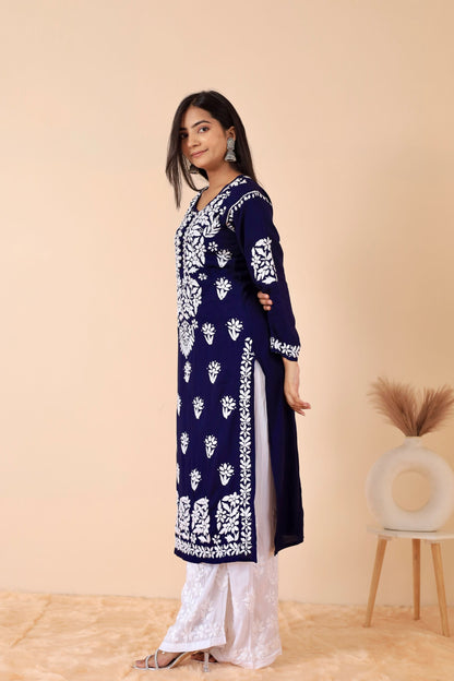 Mahira Modal Long Chikankari Kurti (Navy Blue)