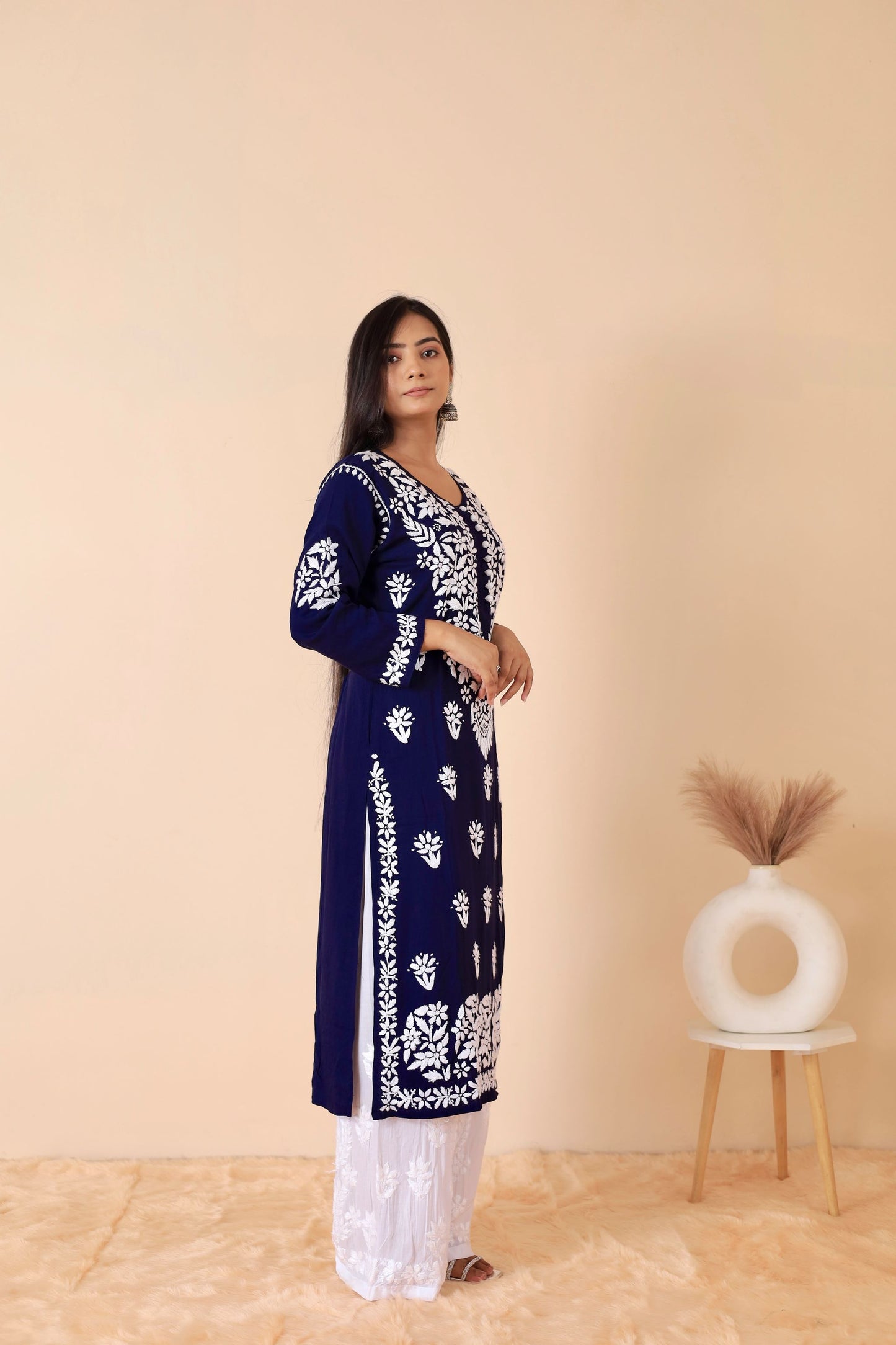 Mahira Modal Long Chikankari Kurti (Navy Blue)