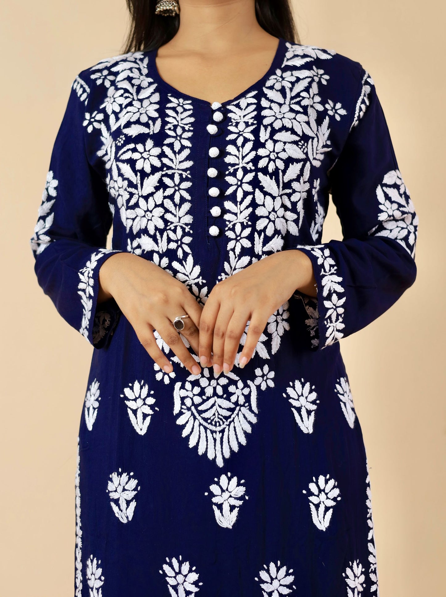 Mahira Modal Long Chikankari Kurti (Navy Blue)