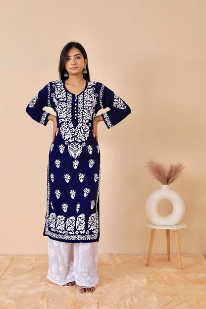 Mahira Modal Long Chikankari Kurti (Navy Blue)