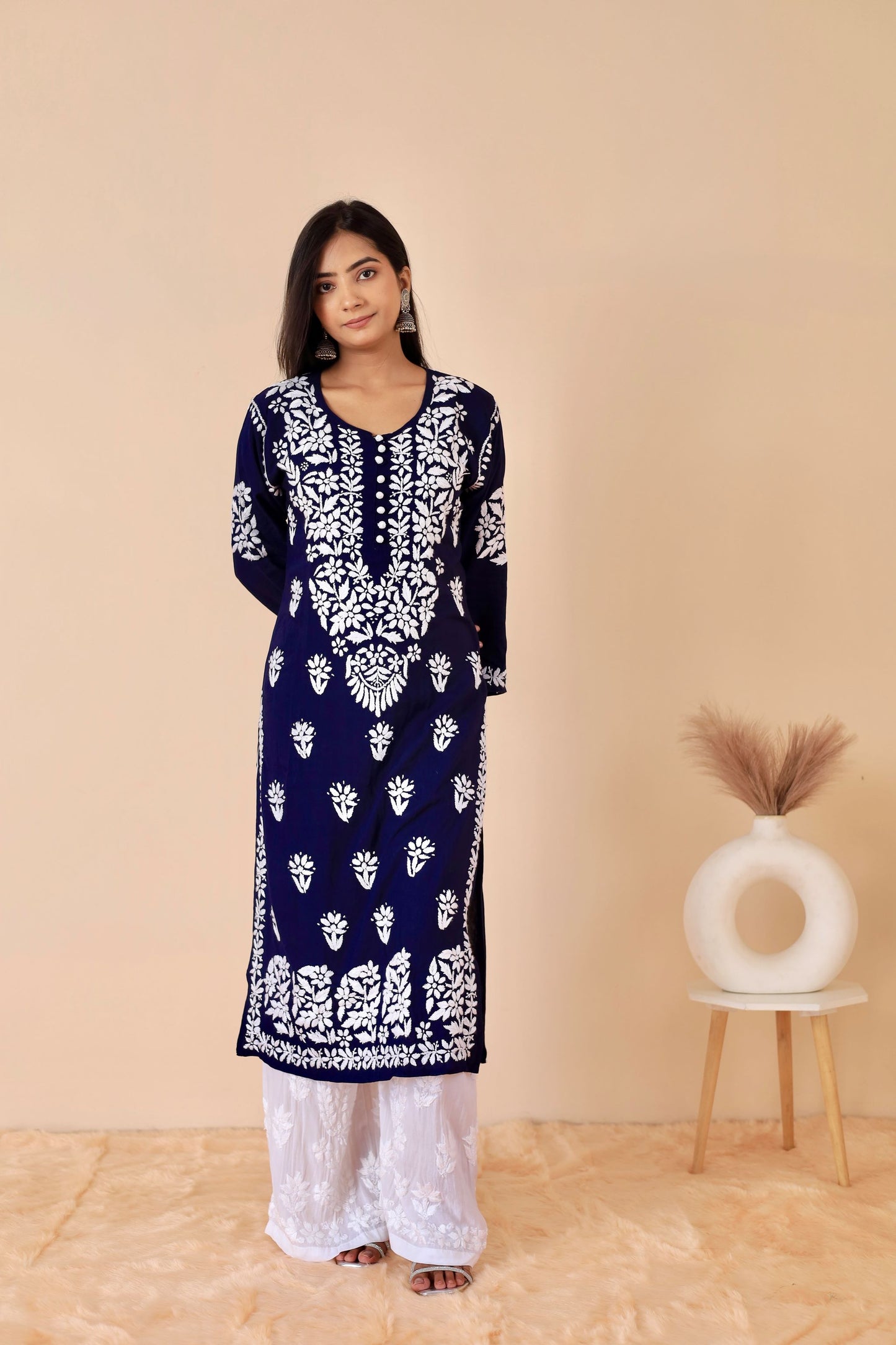 Mahira Modal Long Chikankari Kurti (Navy Blue)