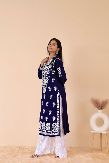 Mahira Modal Long Chikankari Kurti (Navy Blue)