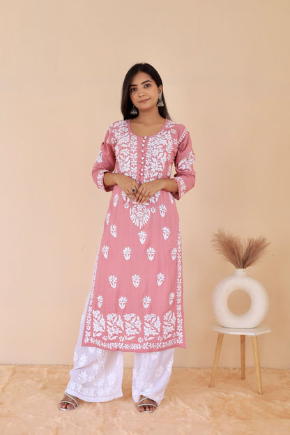 Mahira Modal Long Chikankari Kurti (Dusty Pink)