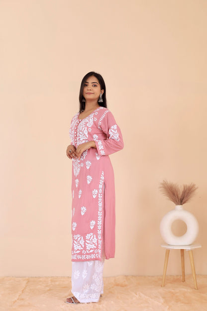 Mahira Modal Long Chikankari Kurti (Dusty Pink)