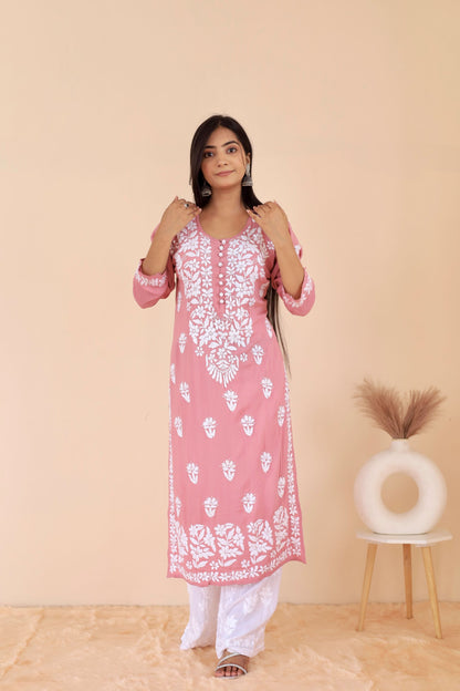 Mahira Modal Long Chikankari Kurti (Dusty Pink)