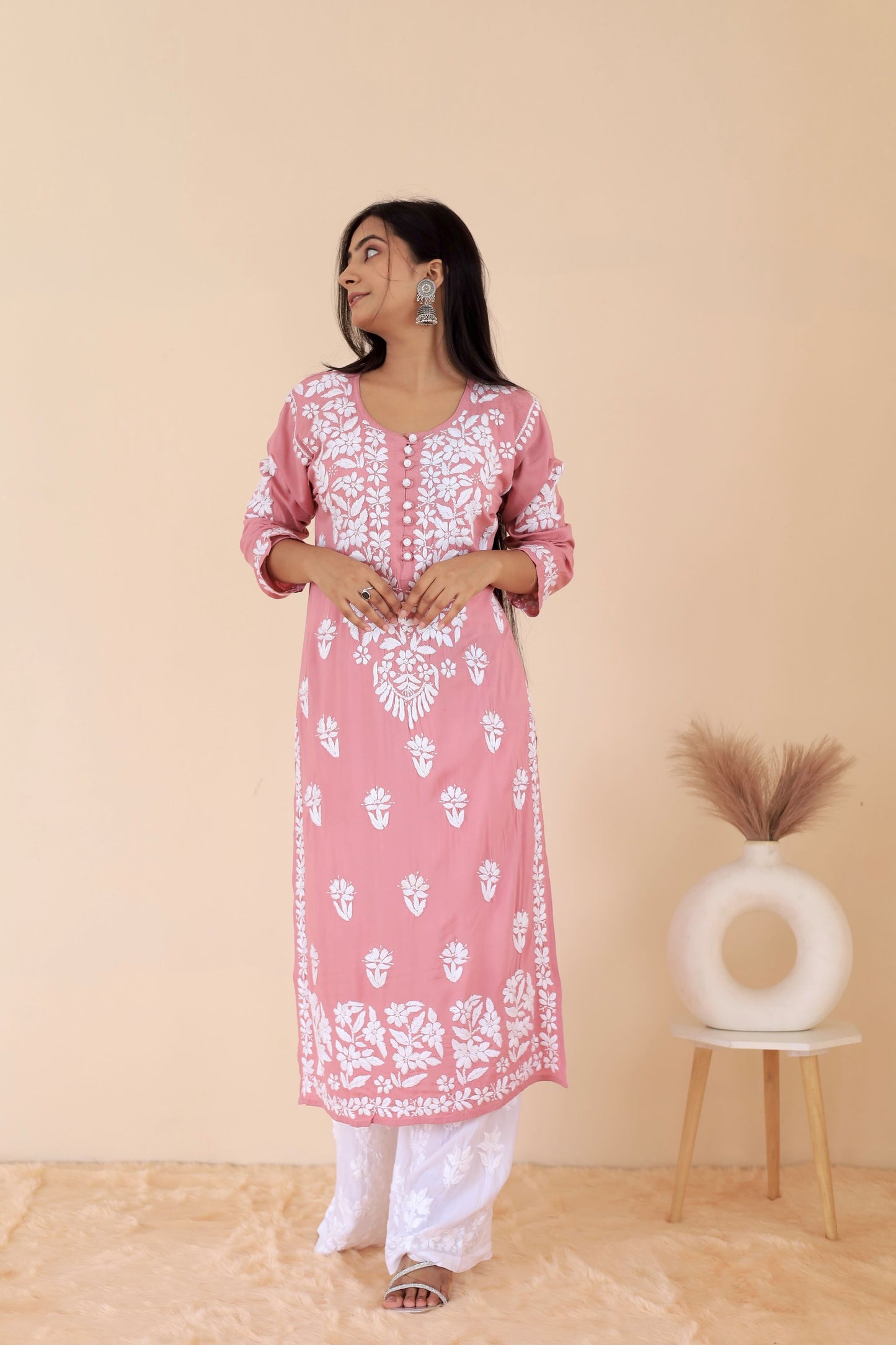 Mahira Modal Long Chikankari Kurti (Dusty Pink)