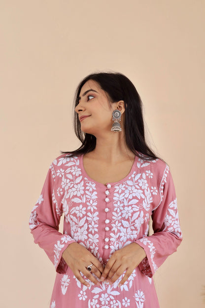 Mahira Modal Long Chikankari Kurti (Dusty Pink)