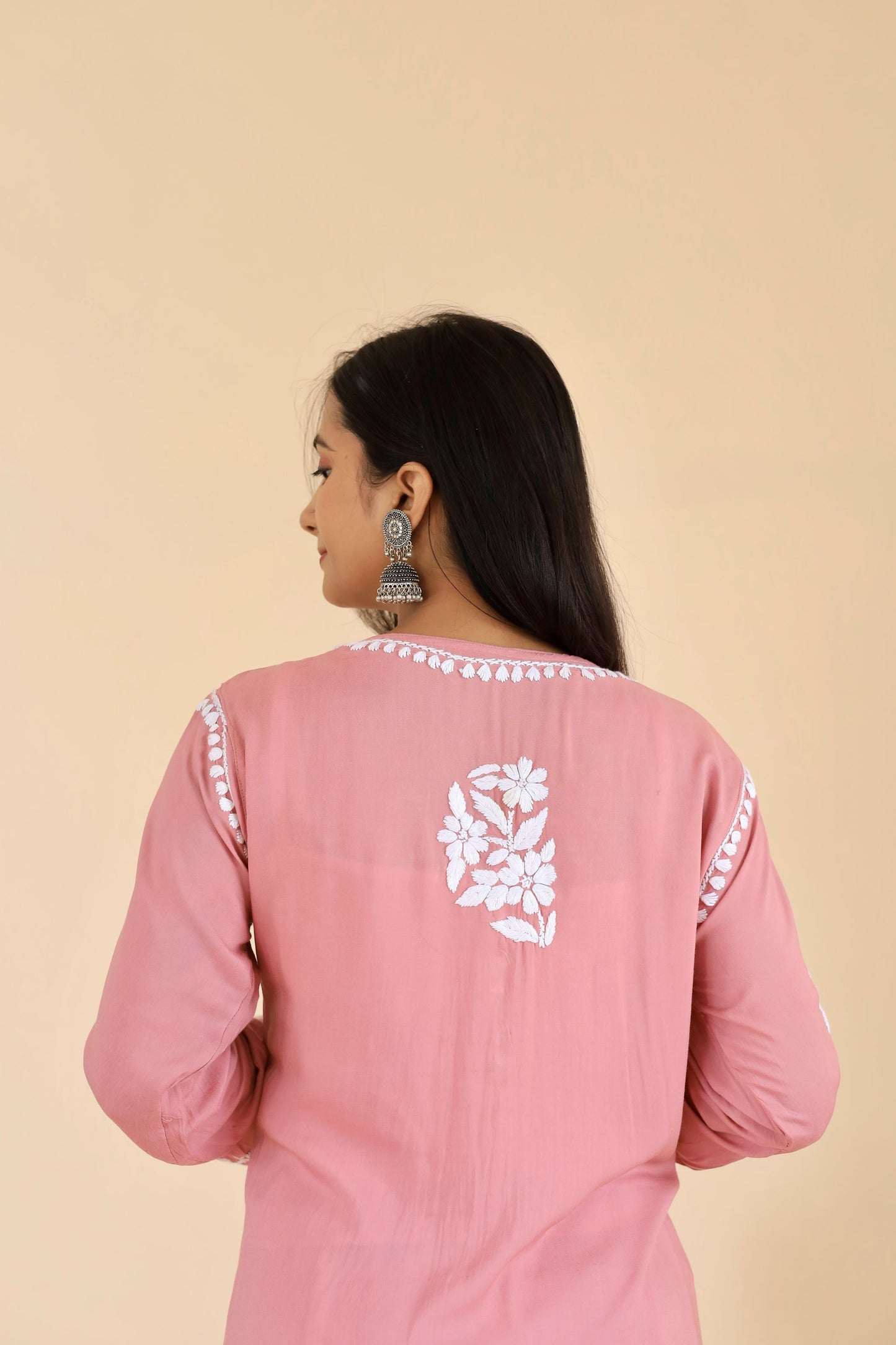 Mahira Modal Long Chikankari Kurti (Dusty Pink)