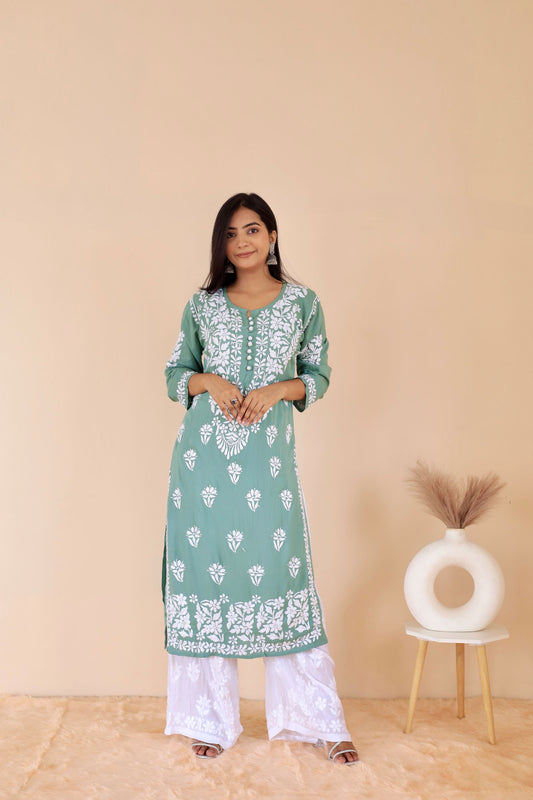 Mahira Modal Long Chikankari Kurti ( Teal Green )