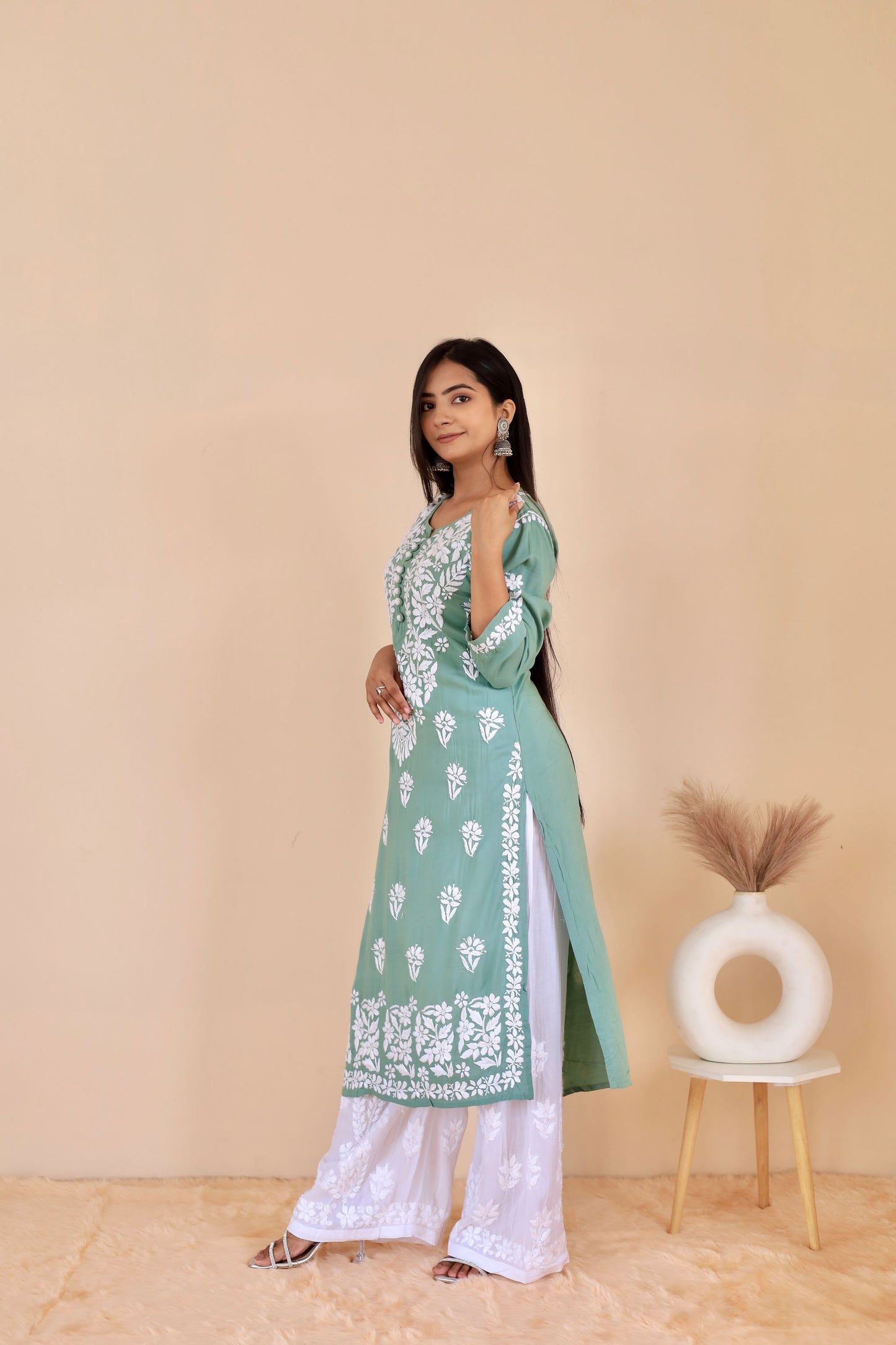 Mahira Modal Long Chikankari Kurti ( Teal Green )