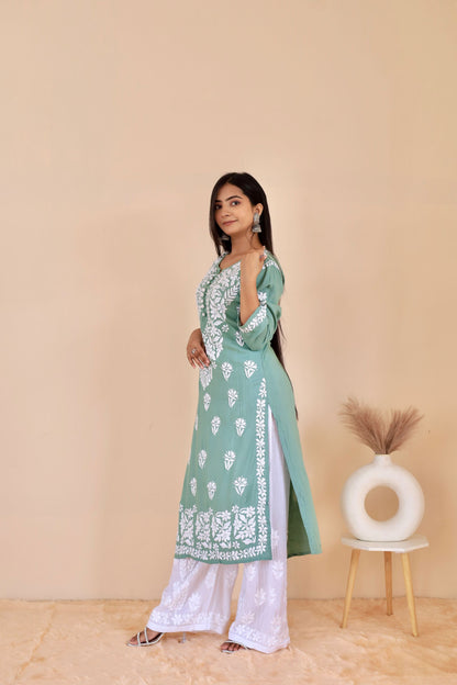 Mahira Modal Long Chikankari Kurti ( Teal Green )