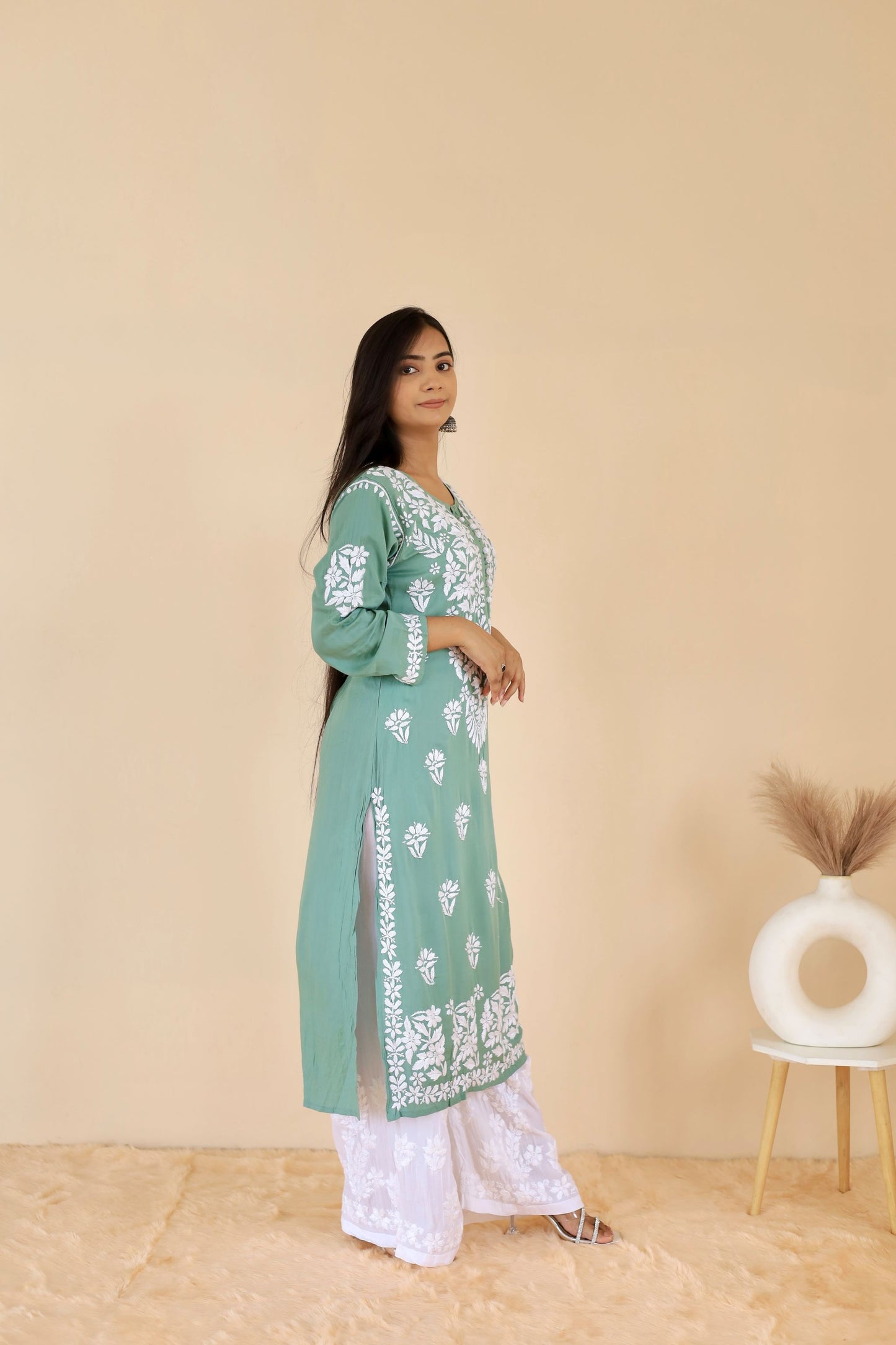 Mahira Modal Long Chikankari Kurti ( Teal Green )