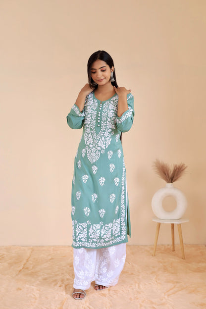 Mahira Modal Long Chikankari Kurti ( Teal Green )