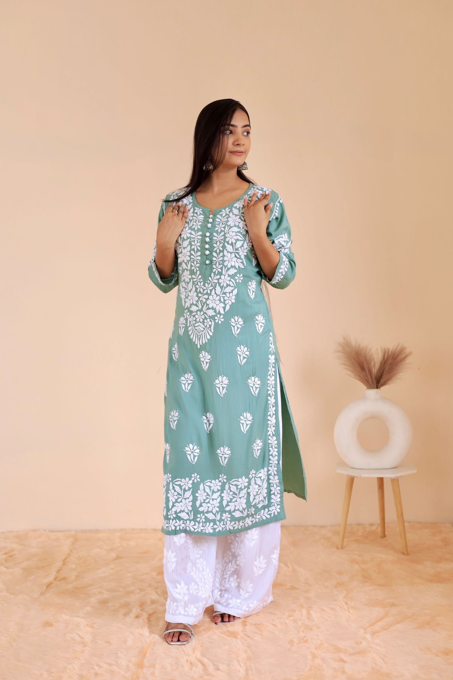 Mahira Modal Long Chikankari Kurti ( Teal Green )