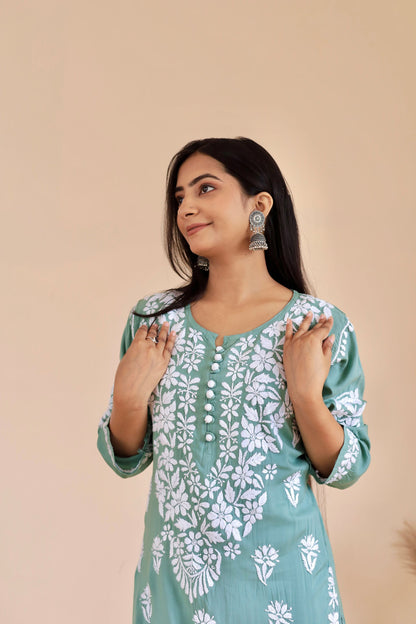 Mahira Modal Long Chikankari Kurti ( Teal Green )