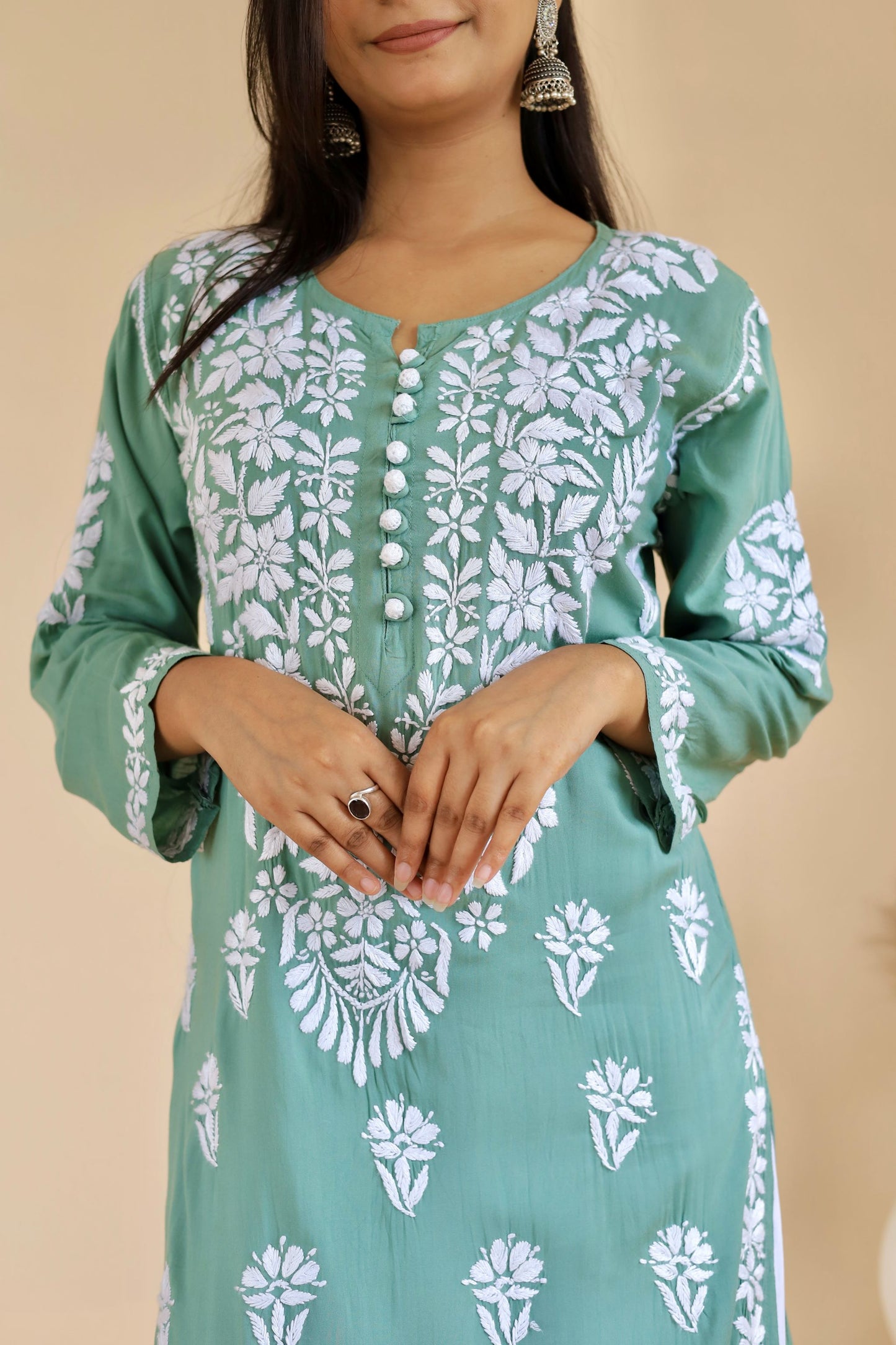 Mahira Modal Long Chikankari Kurti ( Teal Green )