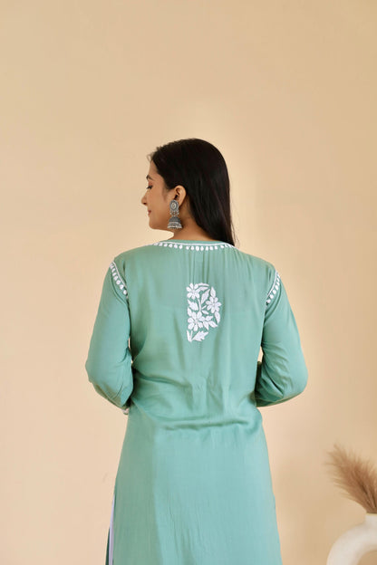 Mahira Modal Long Chikankari Kurti ( Teal Green )