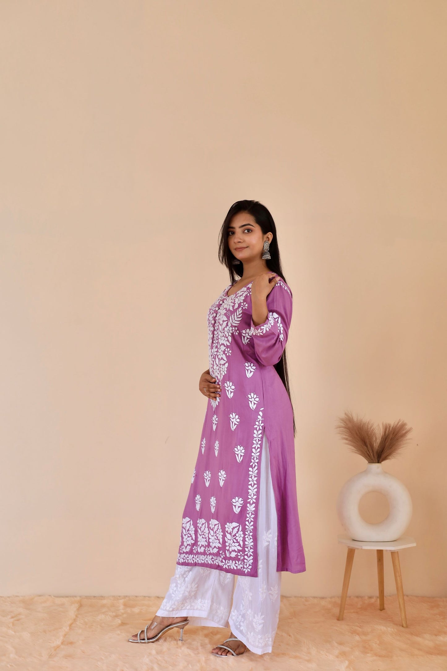 Mahira Modal Long Chikankari Kurti (Purple)