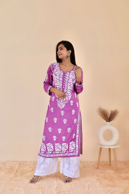 Mahira Modal Long Chikankari Kurti (Purple)