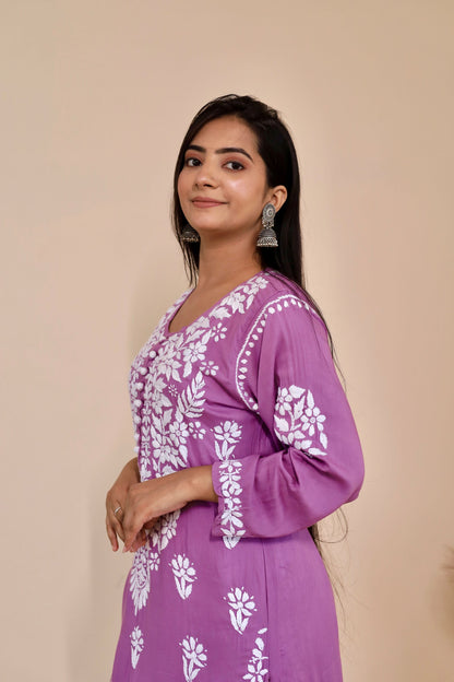 Mahira Modal Long Chikankari Kurti (Purple)