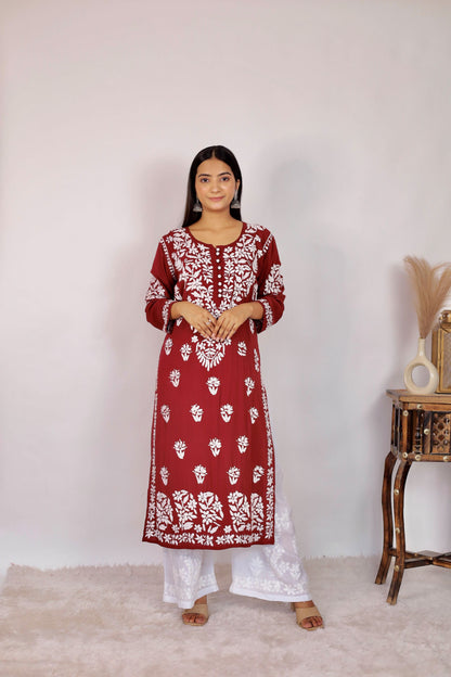 Mahira Modal Long Chikankari Kurti ( Maroon)