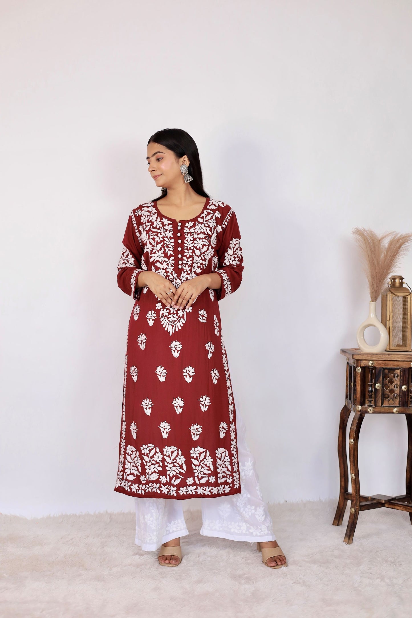 Mahira Modal Long Chikankari Kurti ( Maroon)