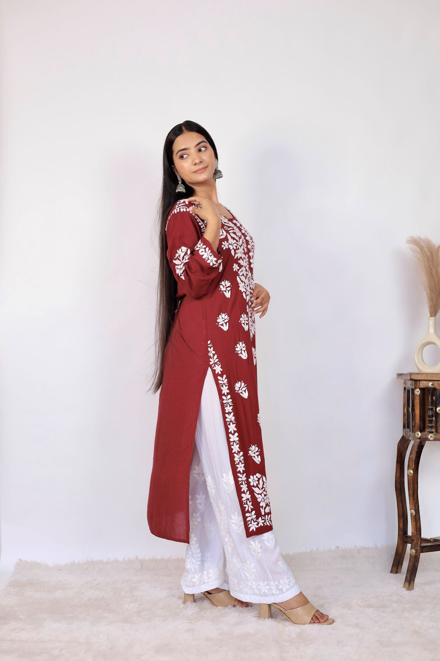 Mahira Modal Long Chikankari Kurti ( Maroon)