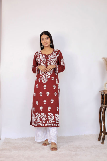 Mahira Modal Long Chikankari Kurti ( Maroon)