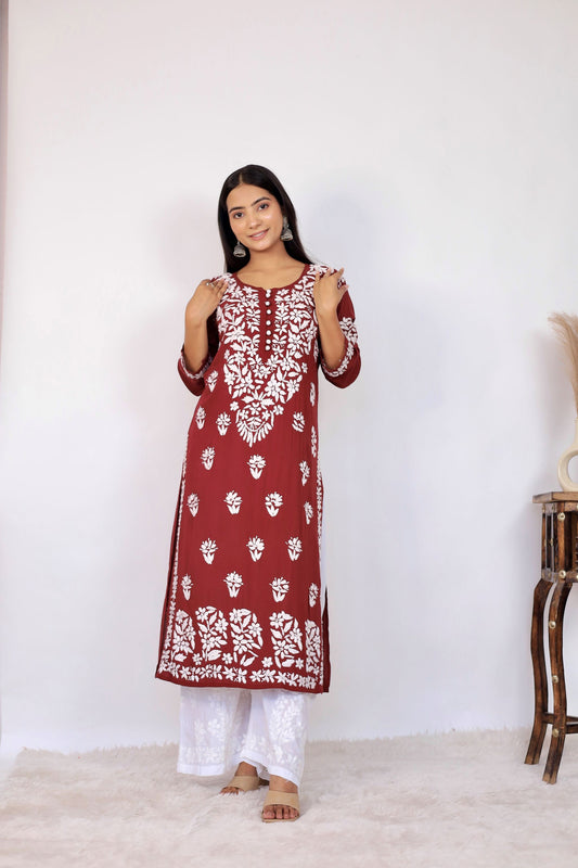 Mahira Modal Long Chikankari Kurti ( Maroon)