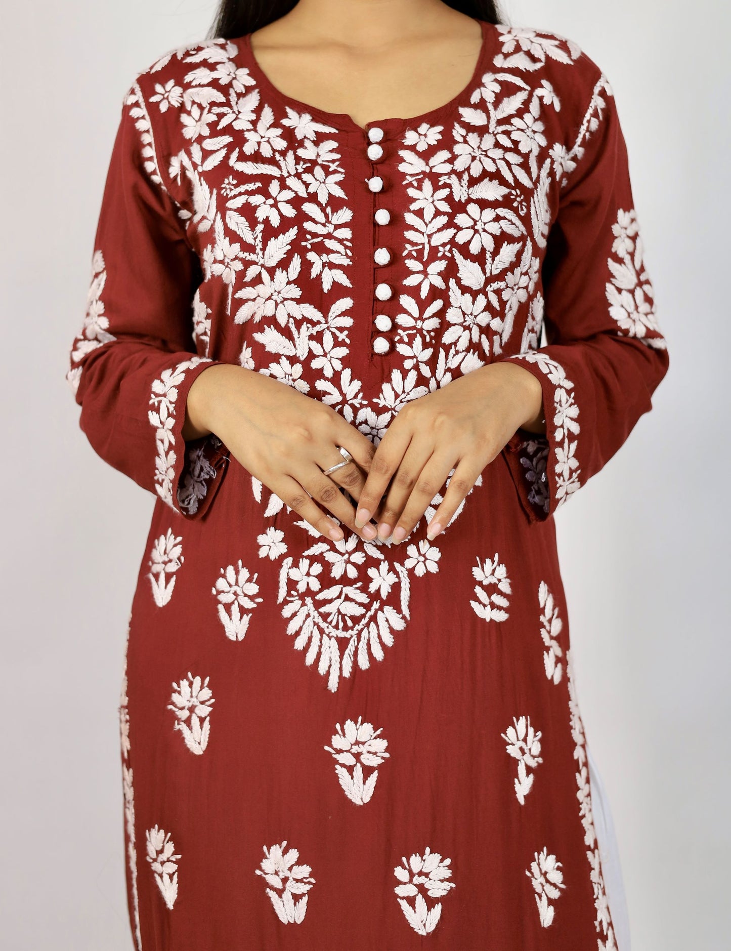 Mahira Modal Long Chikankari Kurti ( Maroon)