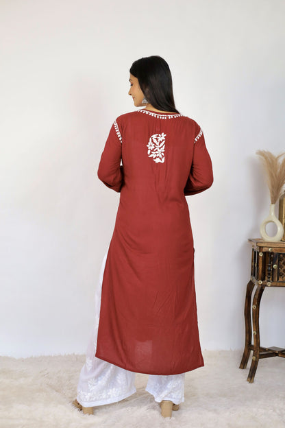 Mahira Modal Long Chikankari Kurti ( Maroon)