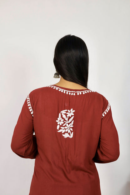 Mahira Modal Long Chikankari Kurti ( Maroon)