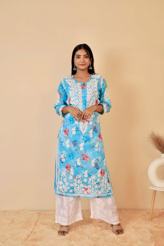 Rahat Long Mul Chikankari Kurti ( Sky Blue)