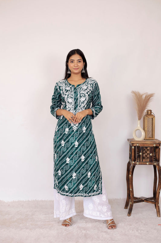 Naaz Long Chikankari Kurti in Green