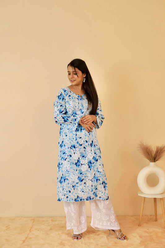 Aisha Mul Long Chikankari kurti ( Blue )