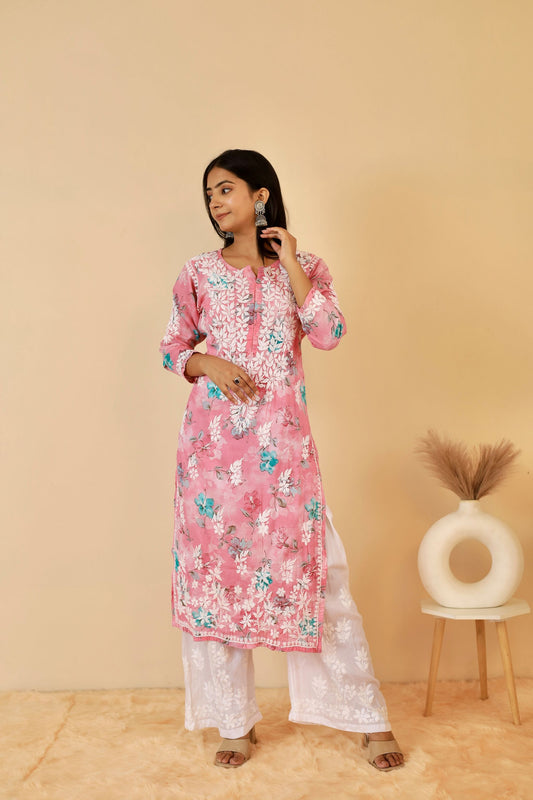 Rahat Long Mul Chukankari Kurti ( Pink)