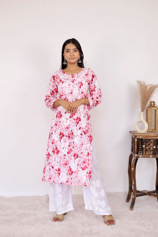 Aisha Mul Long Chikankari Kirti ( Pink)