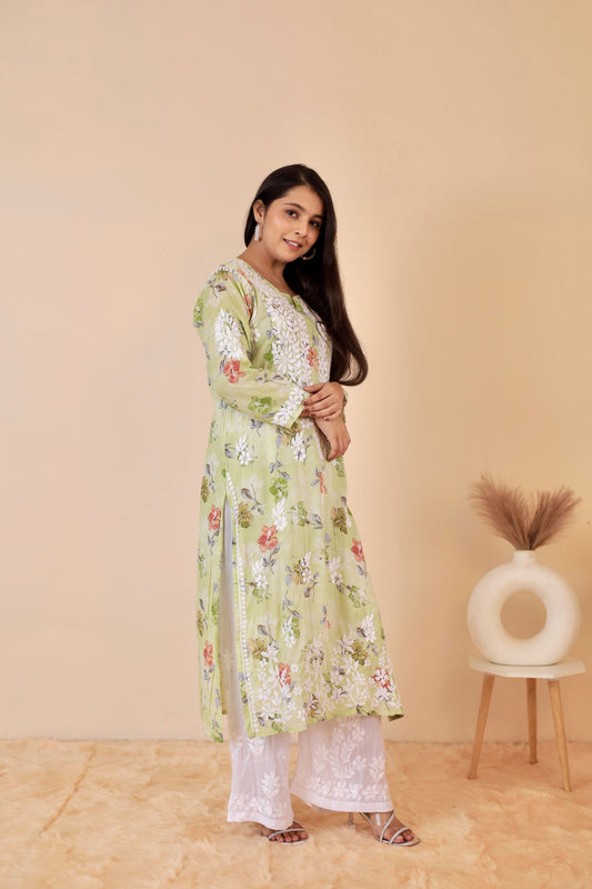 Rahat Long Mul Chikankari Kurti ( Green )