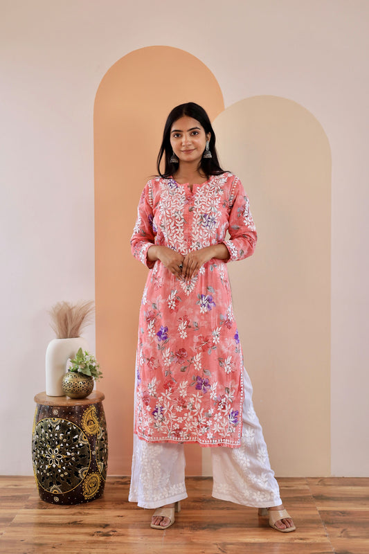 Rahat Long Mul Chikankari Kurti (Carrot pink)