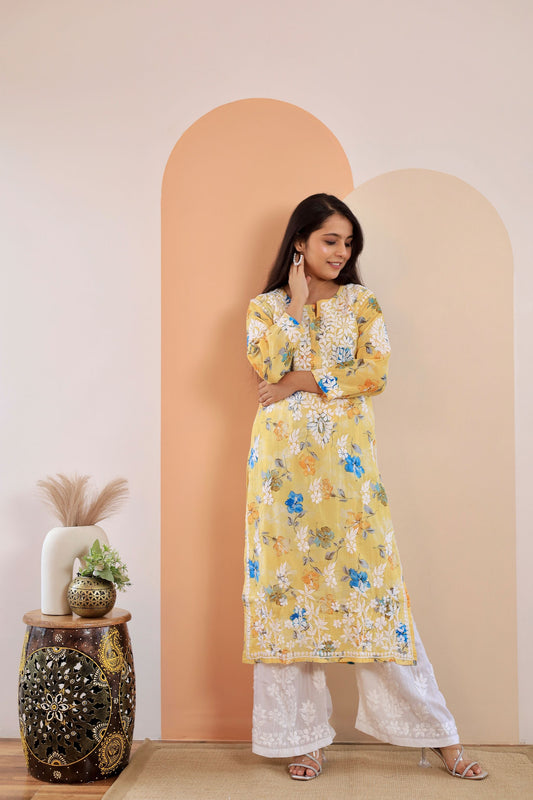 Rahat Long Mul Chikankari Kurti ( Yellow)