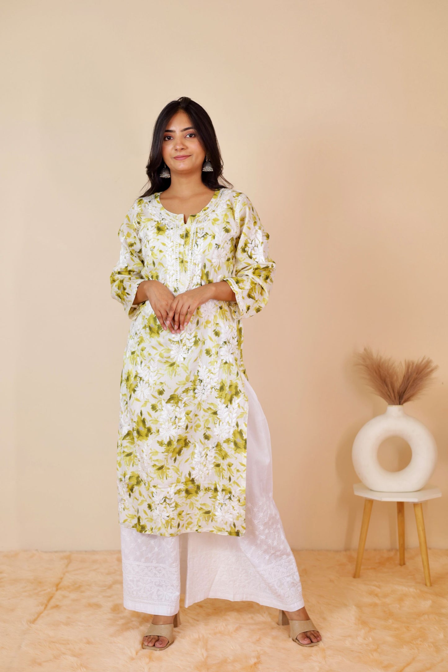 Aisha Mul Long Chikankari Kurti ( Light Green)