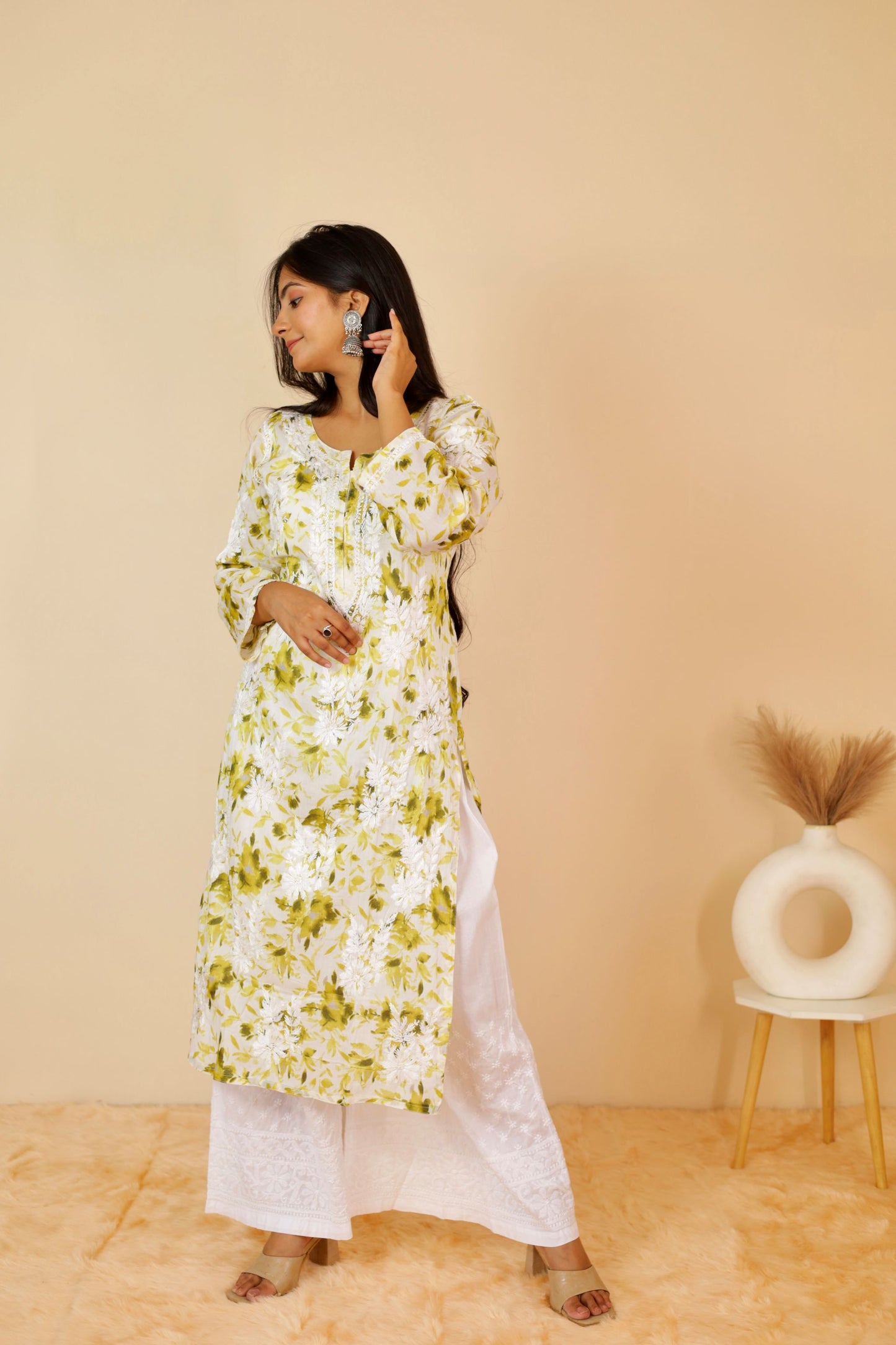 Aisha Mul Long Chikankari Kurti ( Light Green)