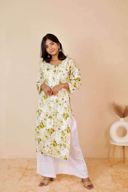 Aisha Mul Long Chikankari Kurti ( Light Green)