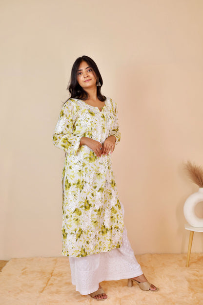 Aisha Mul Long Chikankari Kurti ( Light Green)