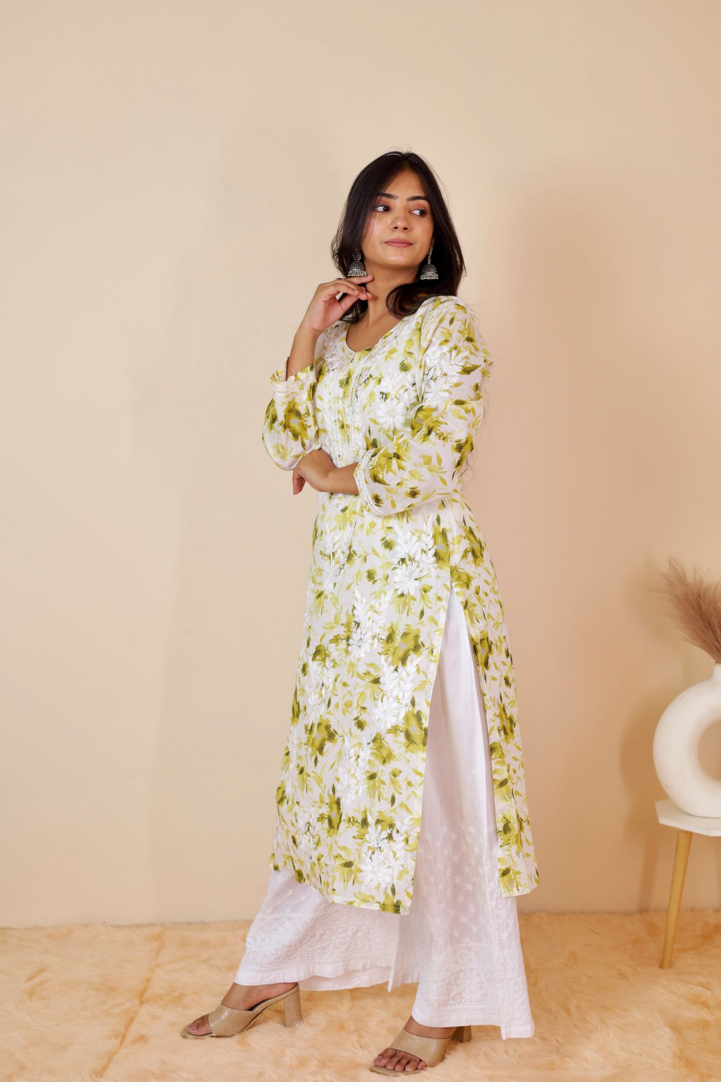 Aisha Mul Long Chikankari Kurti ( Light Green)