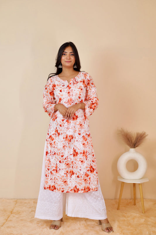 Aisha Mul Long Chikankari Kurti ( Orange)