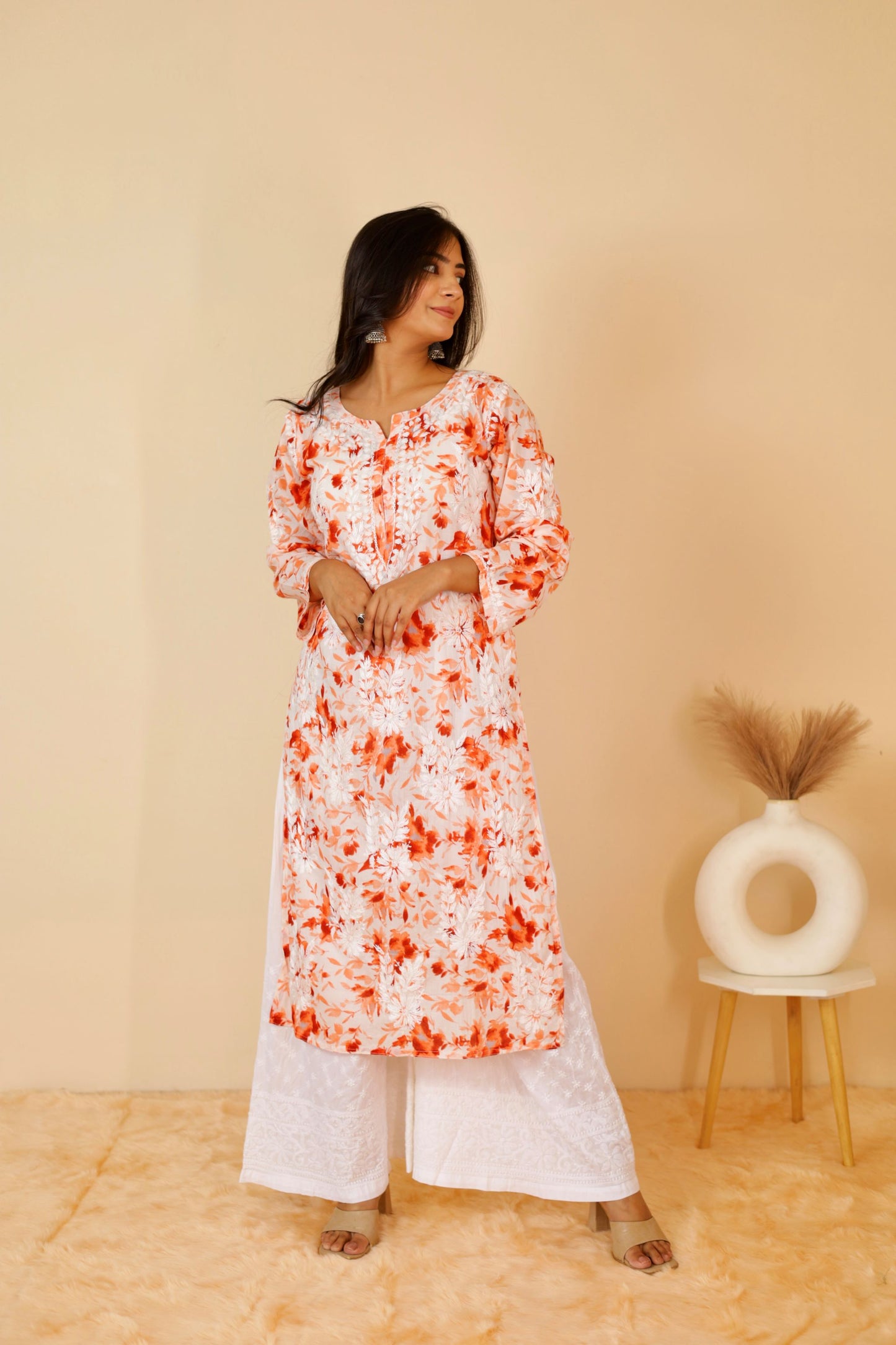 Aisha Mul Long Chikankari Kurti ( Orange)